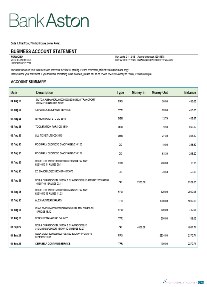 United Kingdom Bank of Aston business checking account statement Word and PDF template
